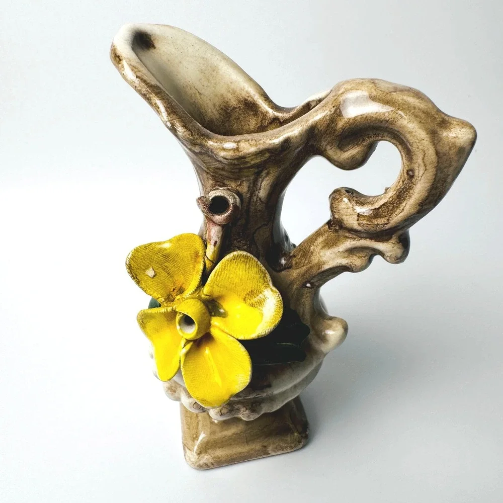 Vintage Capodimonte Italy Nuova Mini Ewer Pitcher Vase Applied Yellow Flower 4